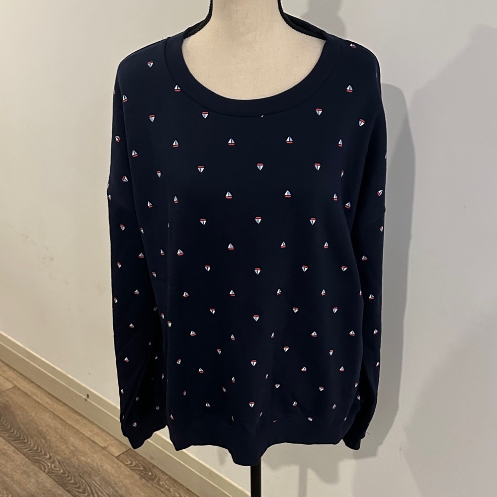 Ardene Navy Nautical Pullover Sweatshirt XL Blue Red Sailor Mini Boat Print
